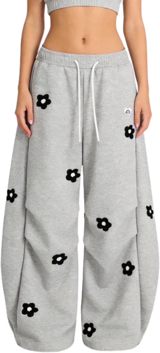 Aelfric Eden Baggy Wide Leg Sweatpants Flower Embroidery Casual Y2K Elastic Drawstring Lantern Barrel Lounge Trouser Pants
