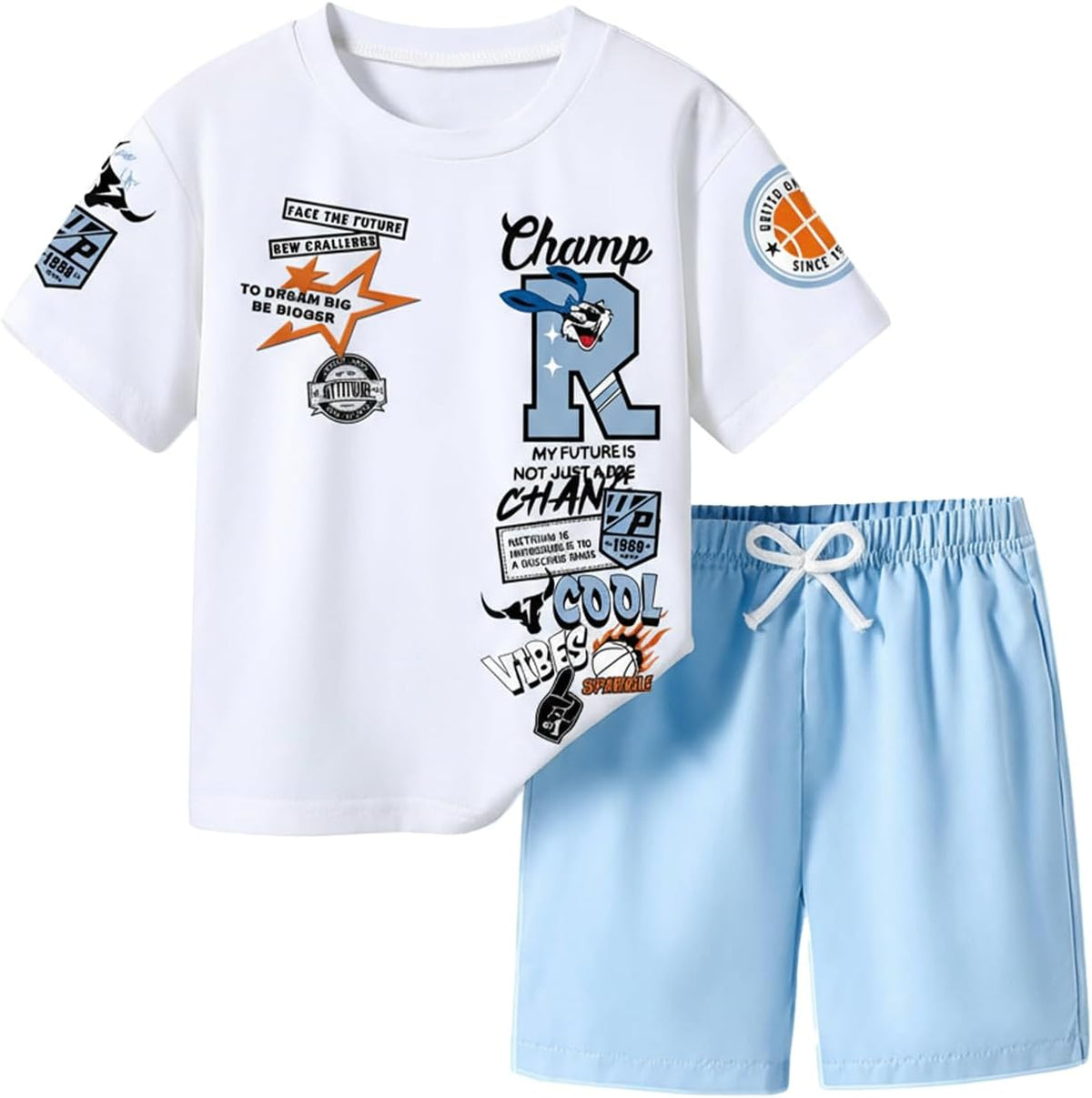 VIPWOLF Boy's 2 Piece Cute Outfits Short Sleeve Graphic Tees and Casual Shorts Teen Boy Clothes