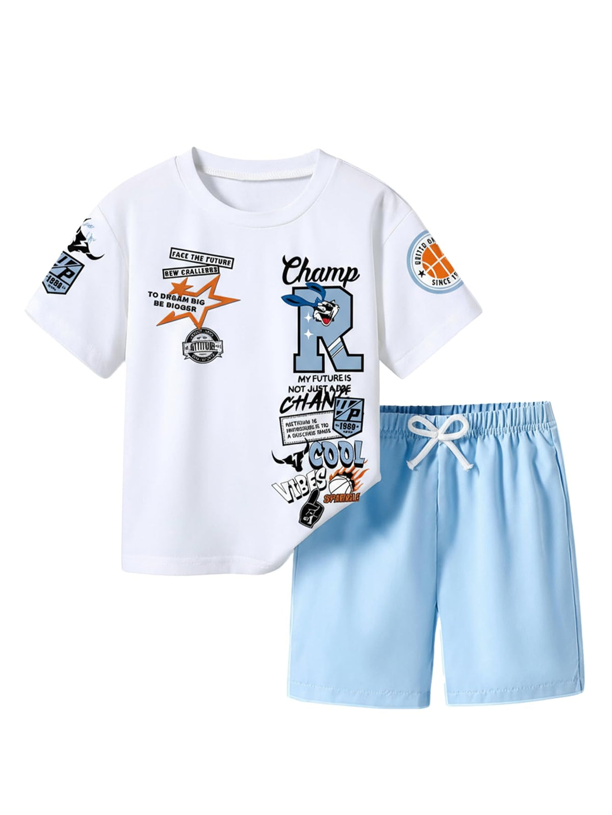 VIPWOLF Boy's 2 Piece Cute Outfits Short Sleeve Graphic Tees and Casual Shorts Teen Boy Clothes