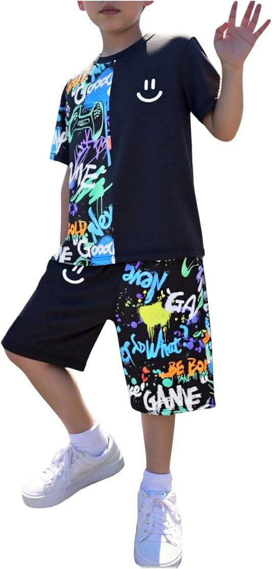 VIPWOLF Boy's Clothing Sets 2 Piece Summer Casual Outfits Short Sleeve Funny T Shirts and Shorts Black 10Y