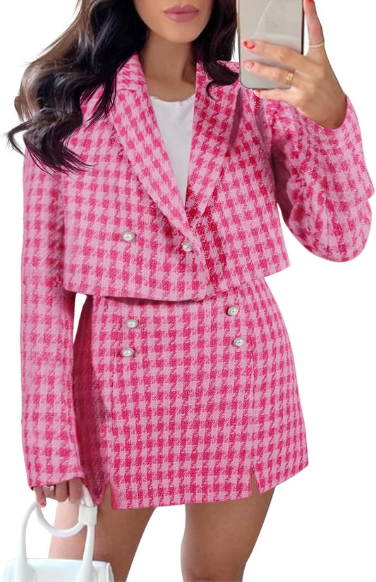 Cicy Bell Womens Cropped Tweed Blazer Sets 2 Piece Outfits and Mini Skirt Sets Business Casual Suits