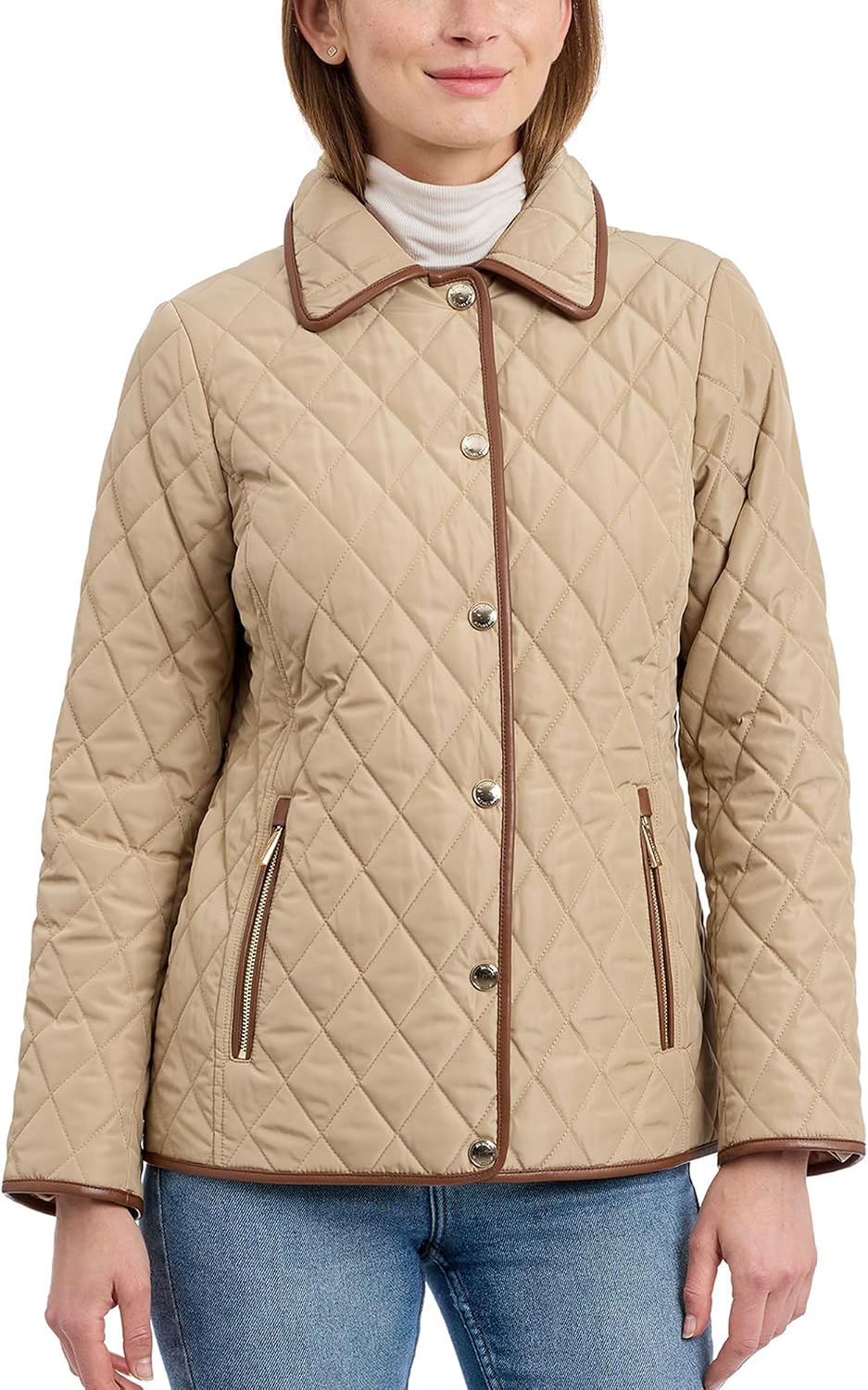 Michael Kors Womens Diamond Quilted Jacket for Women, Stylish Lightweight Jacket with Trim Detail