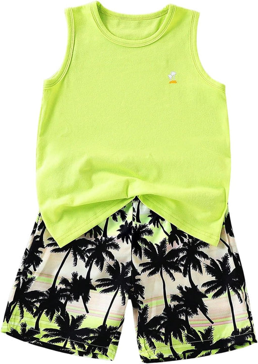 VIPWOLF Boy's Summer Outfits Sleeveless Tank Top and Tropical Print Shorts