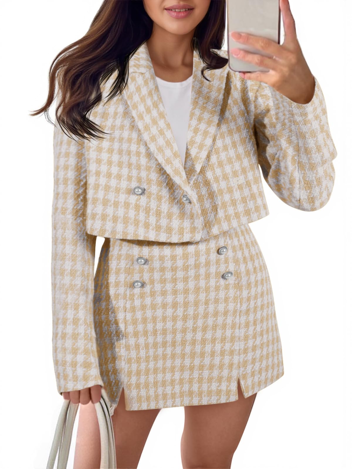 Cicy Bell Womens Cropped Tweed Blazer Sets 2 Piece Outfits and Mini Skirt Sets Business Casual Suits