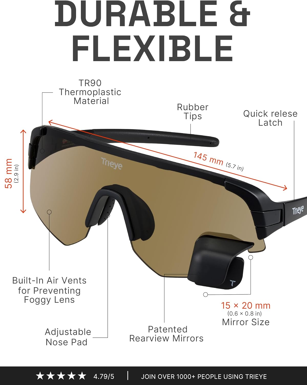 TriEye Cycling Glasses with Rearview Mirror, UV400 Bike Sunglasses