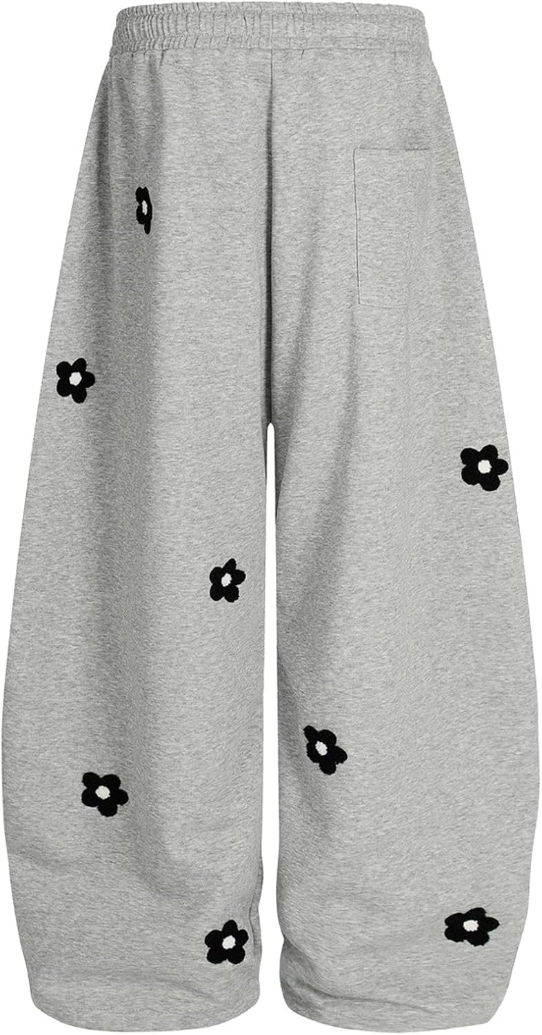 Aelfric Eden Baggy Wide Leg Sweatpants Flower Embroidery Casual Y2K Elastic Drawstring Lantern Barrel Lounge Trouser Pants