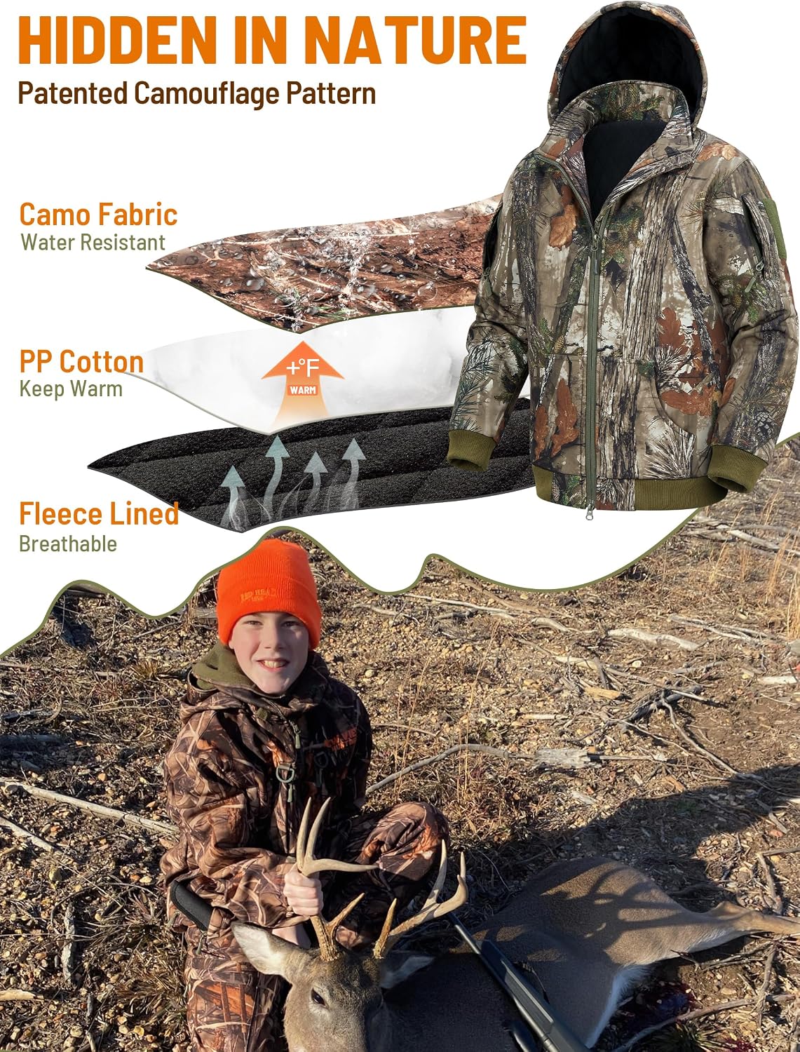 NEW VIEW Kids Camo Hunting Clothes Silent, Youth Hunting Jacket for Cold Winter, Camouflage Hunting Coat for Boys & Girls