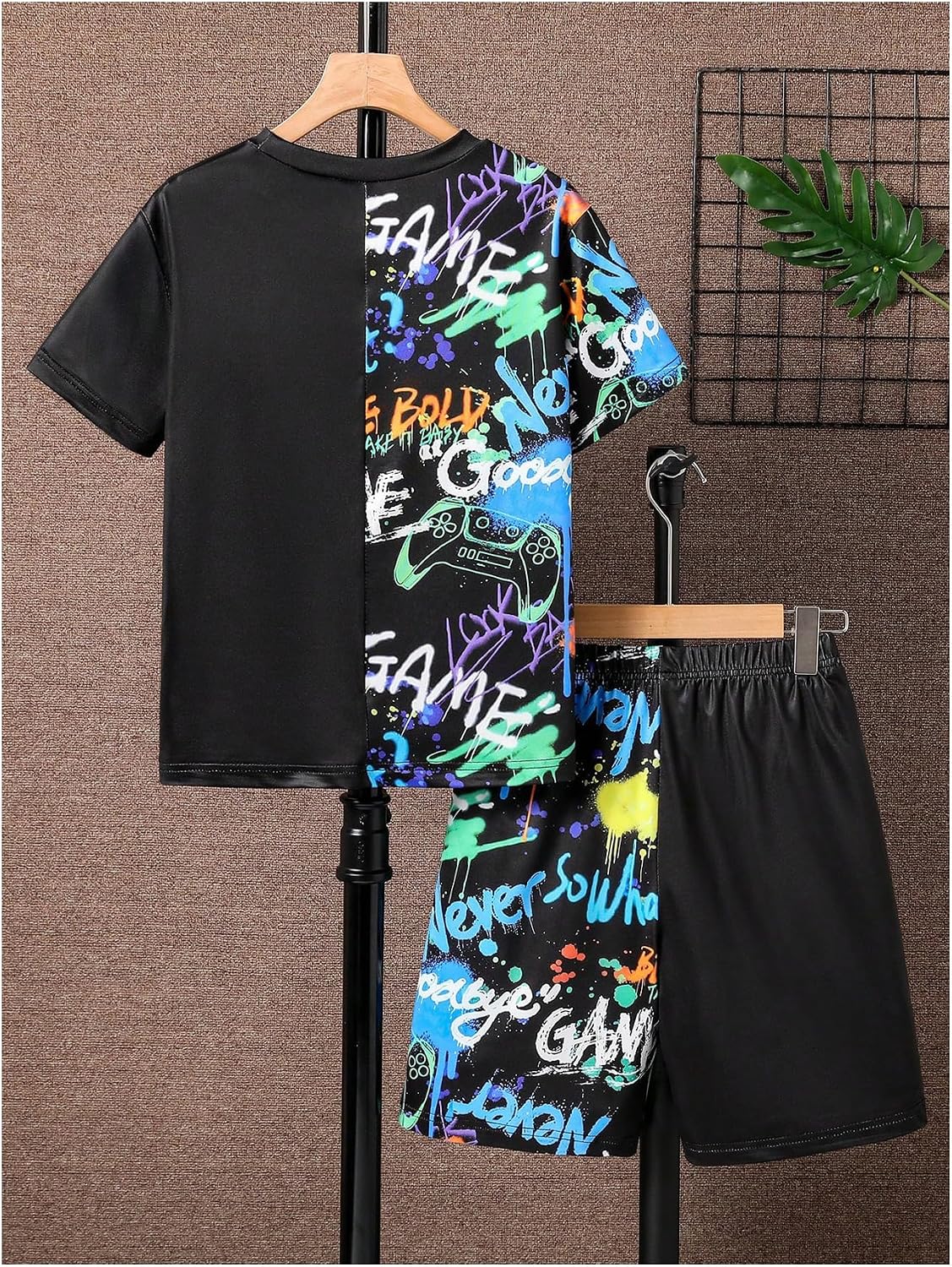 VIPWOLF Boy's Clothing Sets 2 Piece Summer Casual Outfits Short Sleeve Funny T Shirts and Shorts Black 10Y
